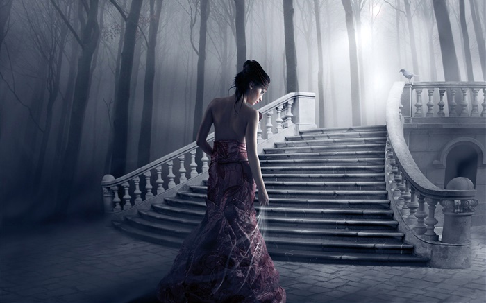 판타지 소녀, 밤, 계단, 나무 배경 화면 그림