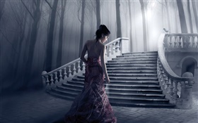 판타지 소녀, 밤, 계단, 나무 HD 배경 화면