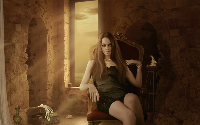판타지 소녀 의자에 앉아, 방, 촛불, 보석 배경 화면 그림