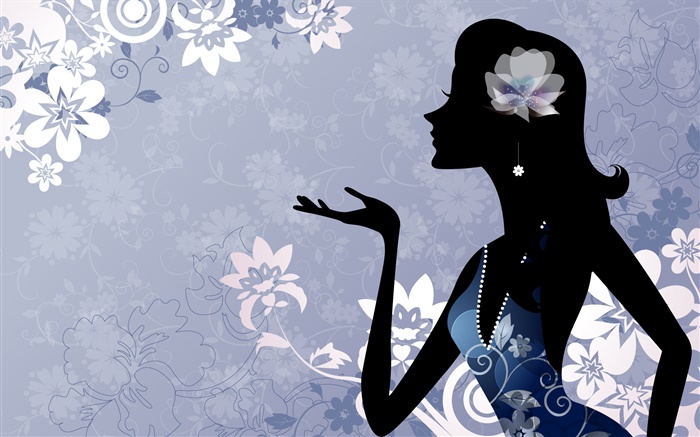 패션 벡터 소녀, 꽃, 파란색 배경 배경 화면 그림