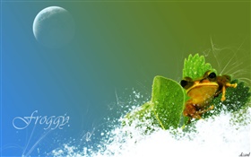 개구리, 눈, 녹색 잎, 창조적 인 사진