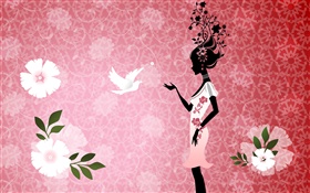 소녀와 비둘기, 새, 꽃, 핑크 배경, 벡터 디자인 사진 HD 배경 화면