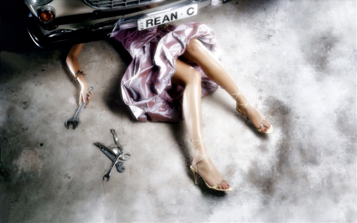 소녀 수리 자동차, 아름다운 다리, 창조적 인 사진 배경 화면 그림