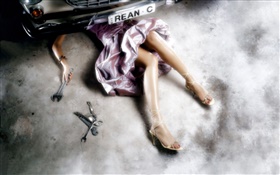 소녀 수리 자동차, 아름다운 다리, 창조적 인 사진