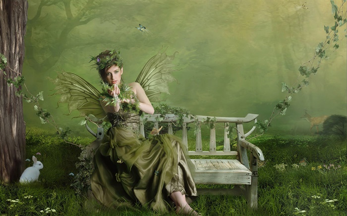 녹색 나비 판타지 소녀 배경 화면 그림