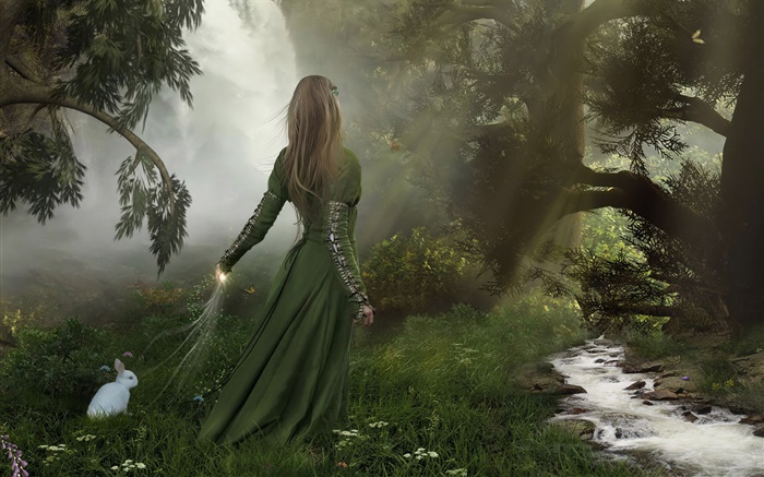 숲에서 녹색 드레스 판타지 소녀, 흰 토끼 배경 화면 그림