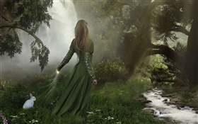 숲에서 녹색 드레스 판타지 소녀, 흰 토끼 HD 배경 화면