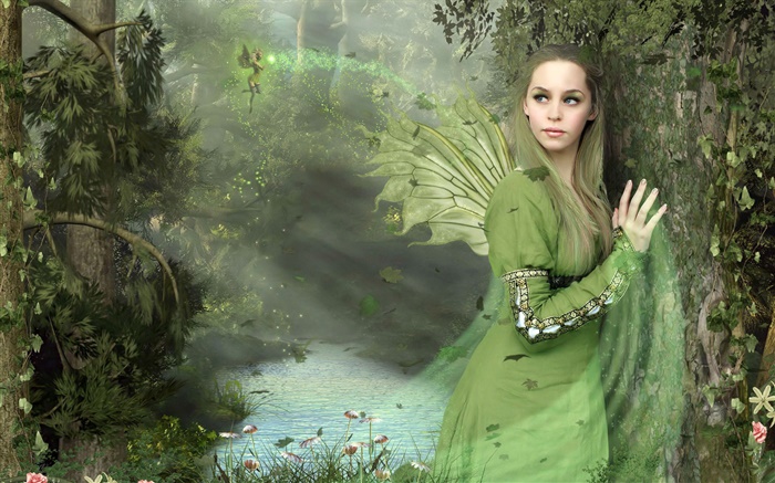 녹색 드레스 판타지 소녀, 날개, 요정 배경 화면 그림