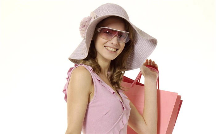 행복 쇼핑 소녀, 핑크 드레스, 모자, 선글래스 배경 화면 그림