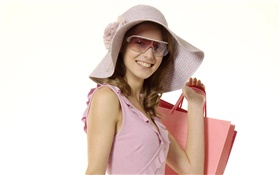행복 쇼핑 소녀, 핑크 드레스, 모자, 선글래스 HD 배경 화면
