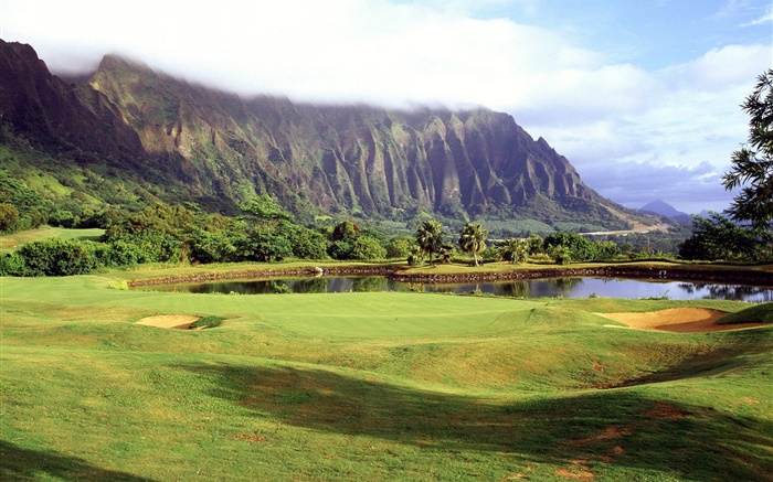 하와이, 미국, 골프 코스, 잔디, 산, 나무, 호수, 구름 배경 화면 그림