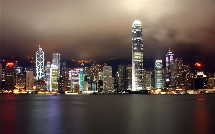 홍콩, 아름다운 도시, 고층 빌딩, 밤, 조명, 강 배경 화면 그림