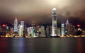 홍콩, 아름다운 도시, 고층 빌딩, 밤, 조명, 강