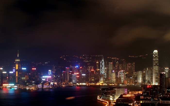 홍콩, 아름다운 밤, 도시, 고층 빌딩, 조명, 바다 배경 화면 그림