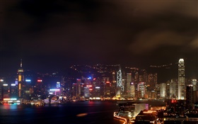 홍콩, 아름다운 밤, 도시, 고층 빌딩, 조명, 바다 HD 배경 화면