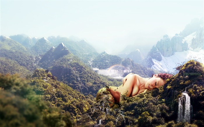 거대한 소녀, 산 잠, 창조적 인 디자인 배경 화면 그림