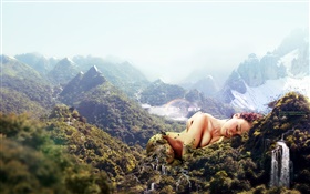 거대한 소녀, 산 잠, 창조적 인 디자인 HD 배경 화면