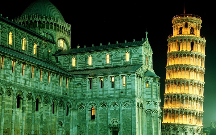 피사의 이탈리아 사탑, 밤, 조명 배경 화면 그림