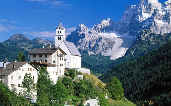 이탈리아의 풍경, 산, 집, 나무 배경 화면 그림