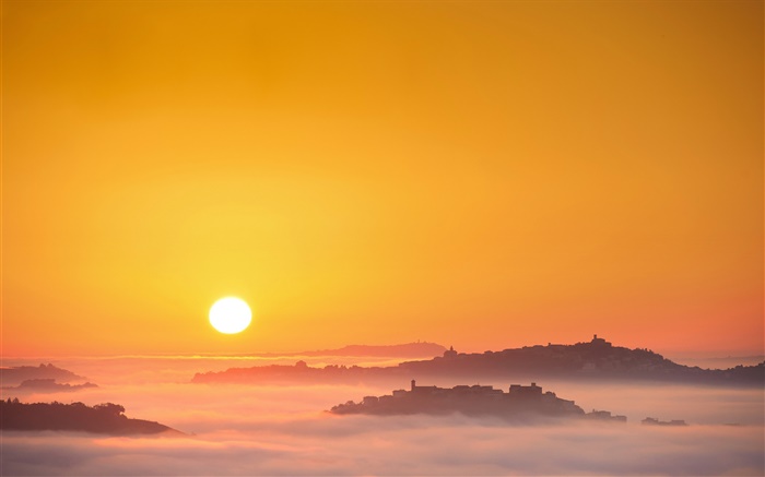 이탈리아, 일출, 태양, 안개, 아침, 마을 배경 화면 그림