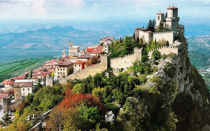이탈리아, 마을, 산, 도시, 성, 절벽 배경 화면 그림