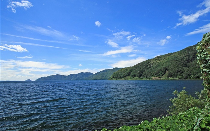 일본 홋카이도 풍경, 해안, 바다, 섬, 푸른 하늘 배경 화면 그림