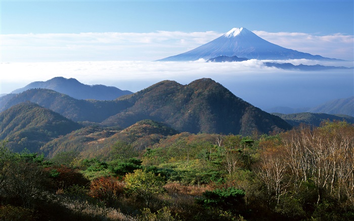 일본의 자연 풍경, 후지산, 산, 구름 배경 화면 그림