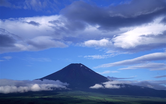 일본의 자연 풍경, 후지산, 푸른 하늘, 구름 배경 화면 그림
