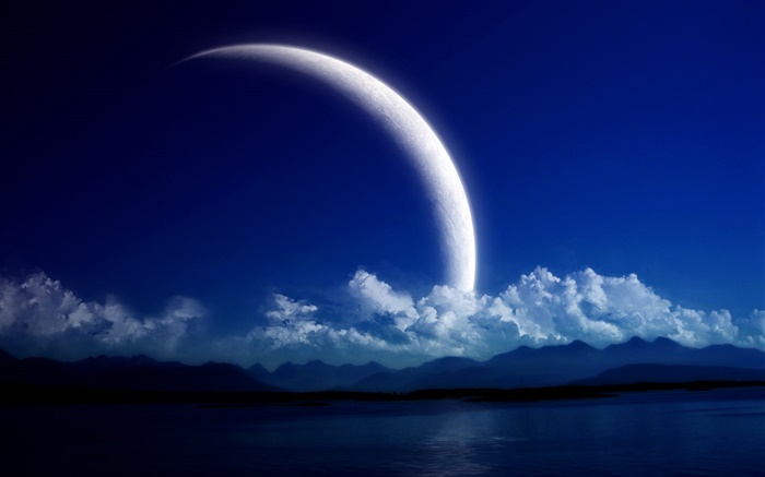호수, 산, 구름, 밤, 행성 배경 화면 그림