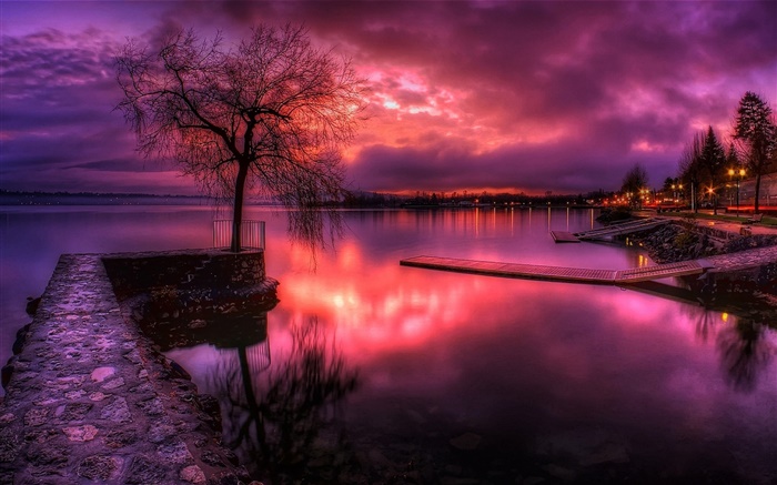 호수, 붉은 하늘, 일몰, 구름, 나무, 램프 배경 화면 그림