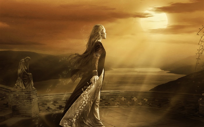 마법의 판타지 소녀, 새벽, 태양, 구름 배경 화면 그림