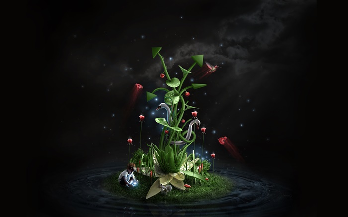 마법의 식물, 아이, 꽃, 나비, 창조적 인 디자인 배경 화면 그림