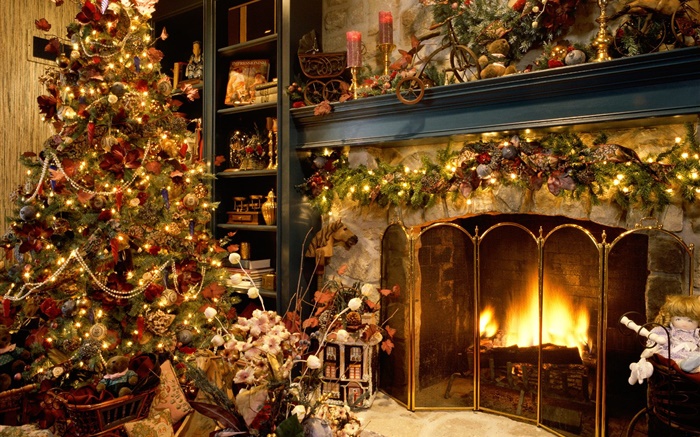 메리 크리스마스, 공, 장식, 벽난로, 조명, 따뜻한 배경 화면 그림