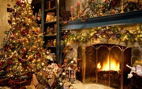 메리 크리스마스, 공, 장식, 벽난로, 조명, 따뜻한