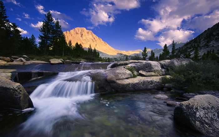 산, 바위, 강, 나무, 구름 배경 화면 그림