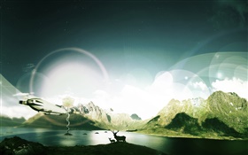 산, 호수, deers에, 빛, 창조적 인 디자인 HD 배경 화면