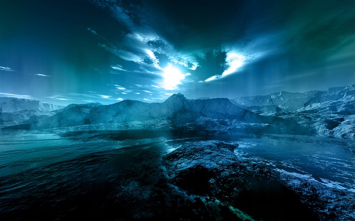 밤 풍경, 바다, 해안, 물, 달, 구름, 푸른 스타일 배경 화면 그림