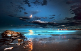 밤, 조명, 달, 구름, 바다, 부두 HD 배경 화면