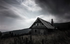 밤, 오래 된 나무 집, 검정, 흰색 스타일