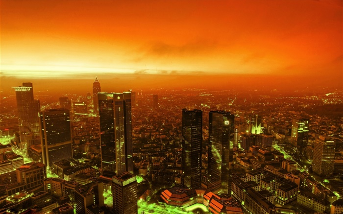 야경 도시, 고층 빌딩, 조명, 황혼, 붉은 하늘 배경 화면 그림
