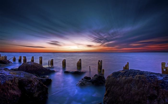 바다, 해안, 바다, 울타리, 바위, 새벽 배경 화면 그림