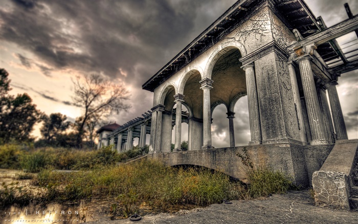 궁전 유적, 황혼, 구름, HDR 스타일 배경 화면 그림