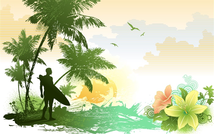 팜 나무, 꽃, 새, 바다, 열대, 사람, 벡터 이미지 배경 화면 그림