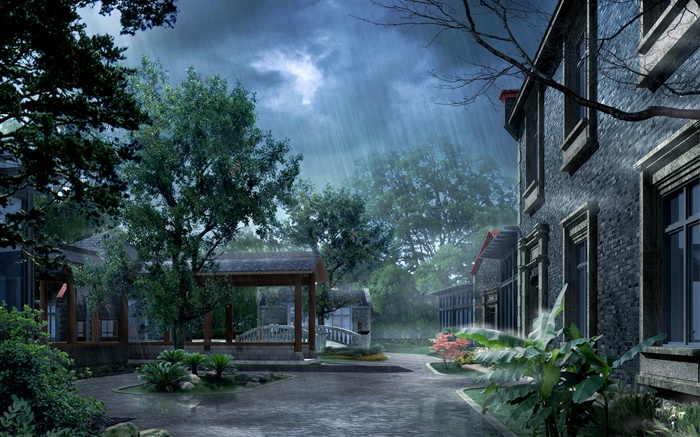 비, 집, 나무 공원, 3D 이미지를 렌더링 배경 화면 그림