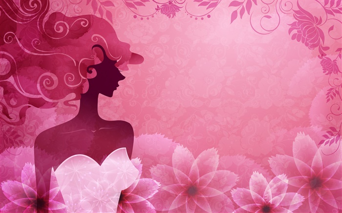 핑크 배경, 벡터 패션 소녀, 꽃, 디자인 배경 화면 그림