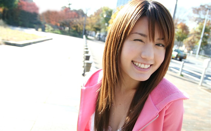 핑크 드레스 아시아 여자, 미소 배경 화면 그림