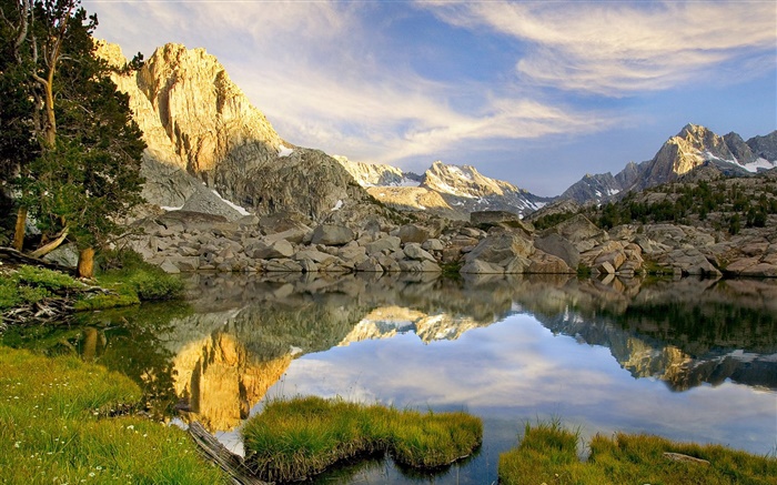 연못, 바위, 산, 반사 배경 화면 그림