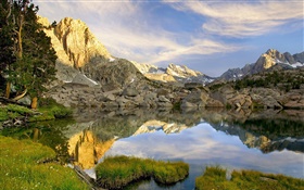 연못, 바위, 산, 반사 HD 배경 화면