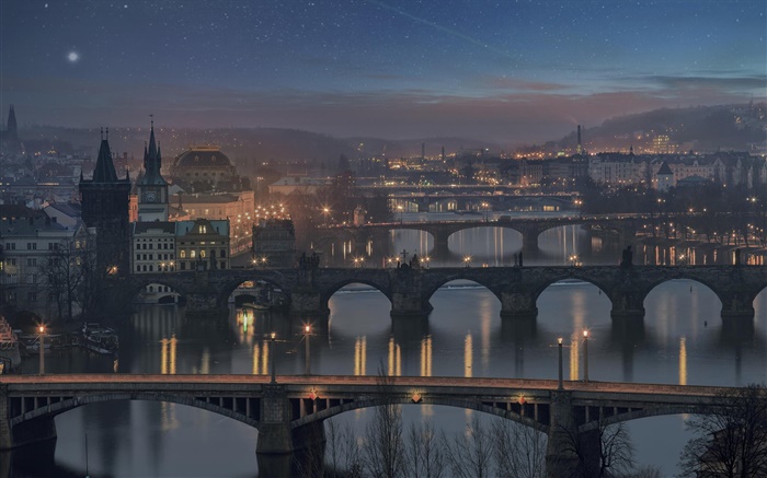 프라하, 체코 공화국, 다리, 강, 집, 밤, 조명 배경 화면 그림