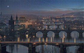 프라하, 체코 공화국, 다리, 강, 집, 밤, 조명 HD 배경 화면